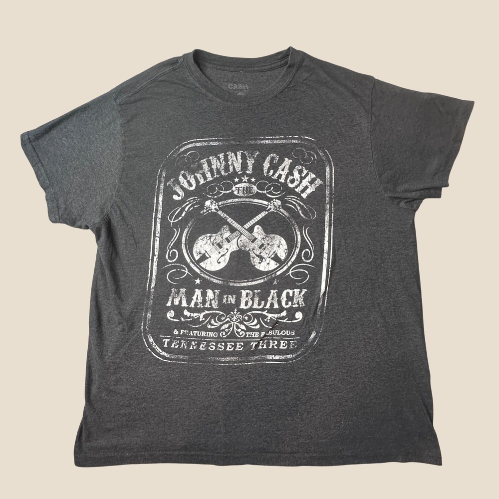 Johnny Cash T-Shirt Mens XL Man In Black Charcoal Distressed Music Graphic Tee